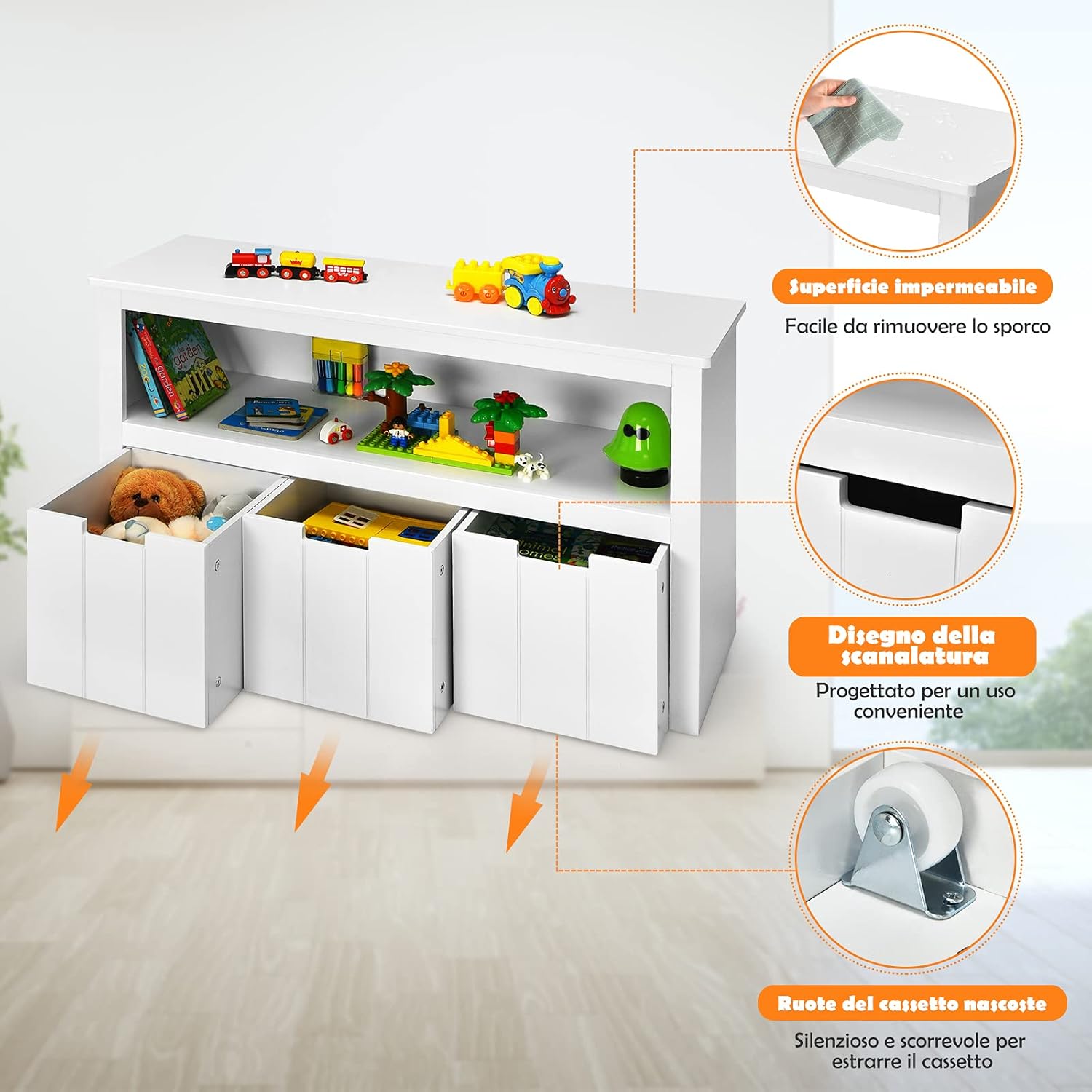 Armadio con 3 Cassetti, Scaffale di Legno con Ruote e Cubi per Giocattoli dei Bambini, Ampio Spazio, Organizer Durevole per Salone Camera da letto Camera dei bambini