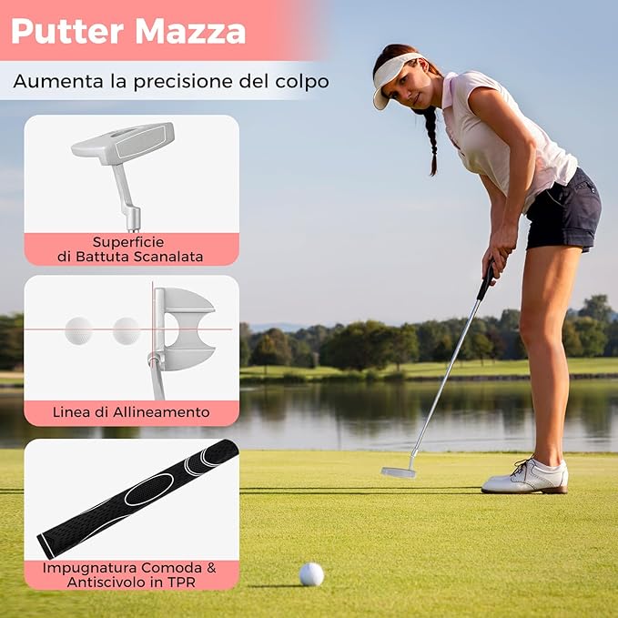Set Completo di Mazze da Golf da Dona, Include Driver 460CC 1, Fairway 3, Ibrido 4, Ferri 6, 7, 8, 9 e P, Putter, 3 Copri Mazzetta e 1 Borsa per Destrimano