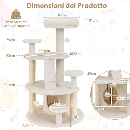 Albero per Gatti Adulti, Torre per Gatti Alta 101 cm con Condominio, Piattaforma Imbottita, Tiragraffi, Pallina di Peluche Pendente e Scala, Albero Tiragraffi in Legno per Interno (Bianco)