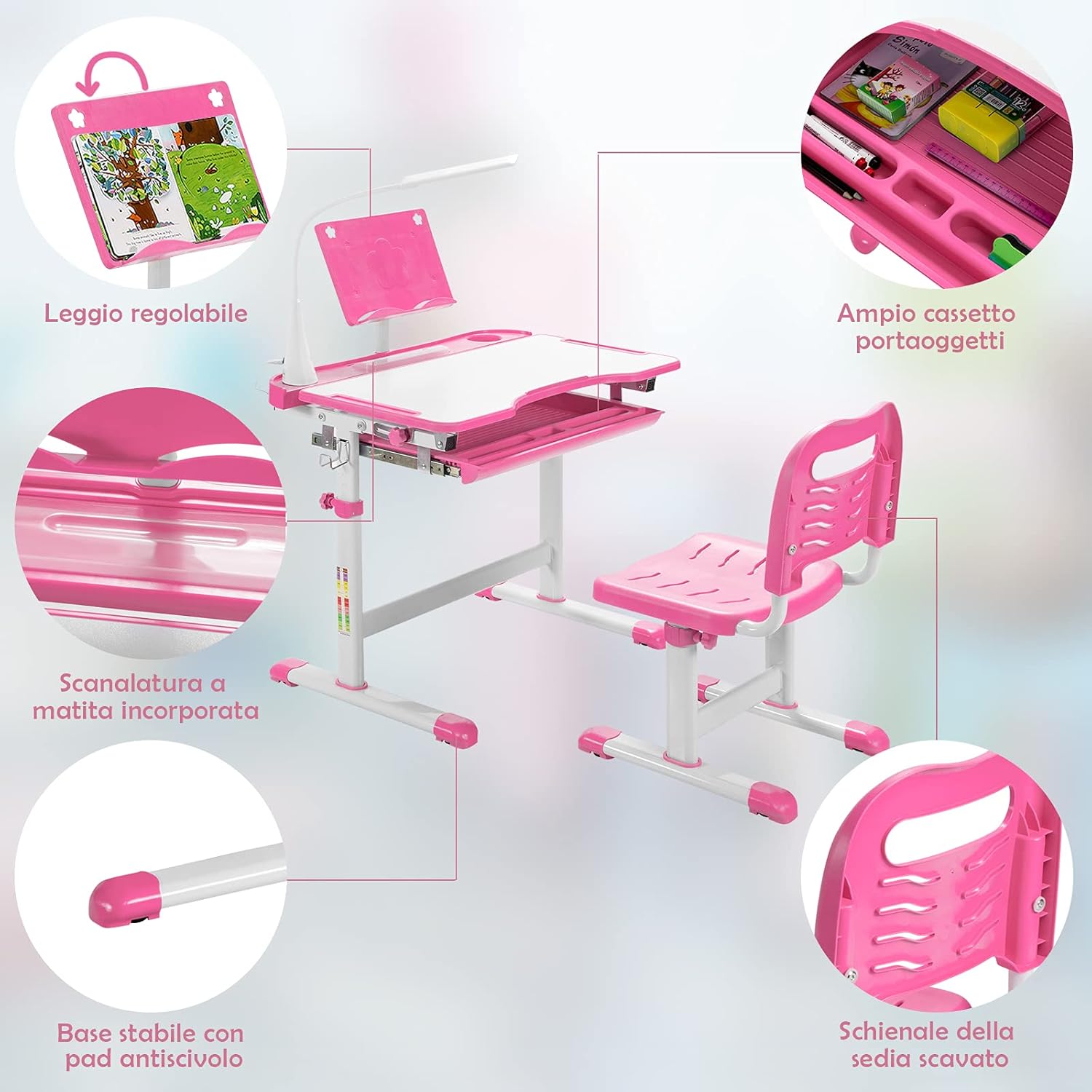 Set Scrivania e Sedia per Bambini, Tavolo per Studiare con Altezza Regolabile, Luce LED e Superficie Inclinata, Scrivania e Sedia per Bambini per Istruzione (Rosa)