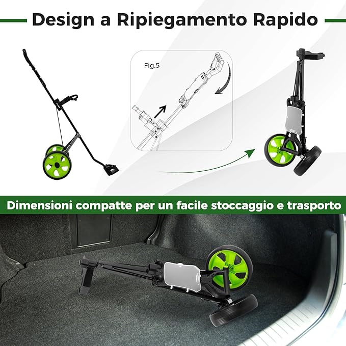 Carrello da Golf Pieghevole con 2 Ruote, Carrello da Golf in Ferro con Tabellone Segnapunti, 140 x 63,5 x 113 cm, Nero(Verde)