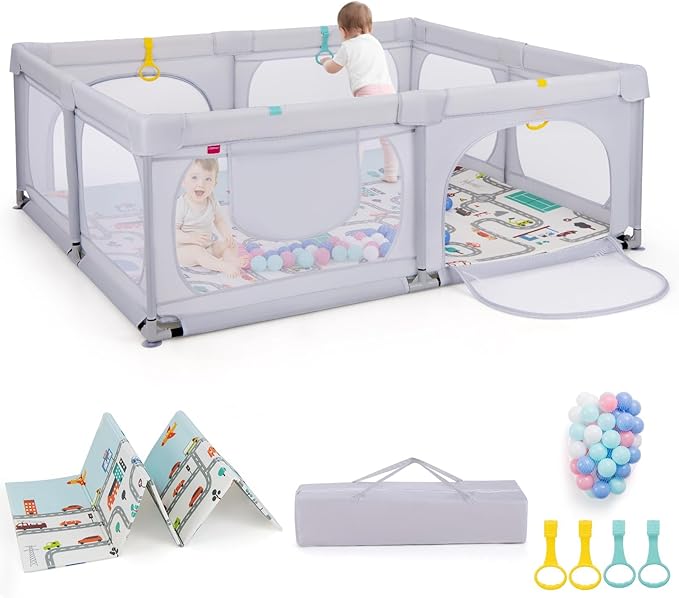 Box per Bambini con Materassino, Recinto per Bambini 189 x 158 cm con 4 Anelli e 50 Palline Colorate, Rete Traspirante, Tasca e Borsa, Box Giochi per Bambino 0-3 Anni (Grigio Chiaro)