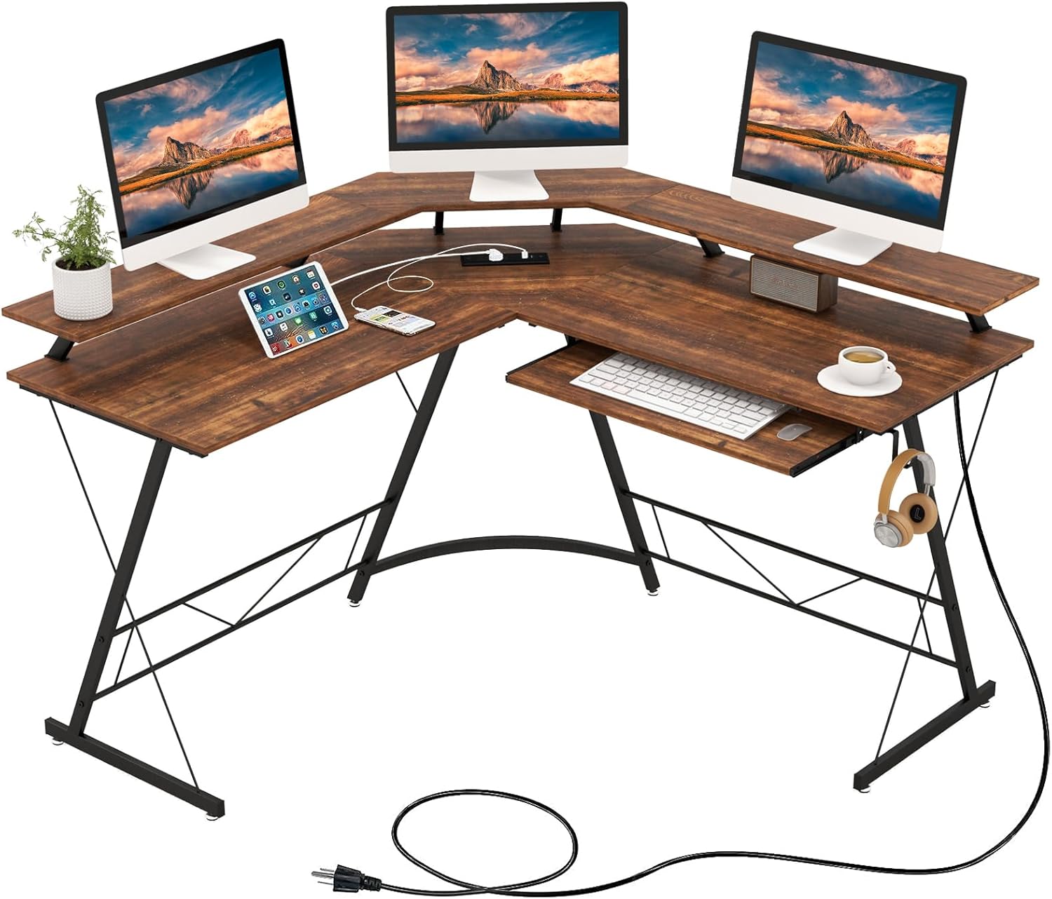 Scrivania Angolare, Scrivania ad Angolo con Presa Elettrica, Supporto per Monitor, Vassoio per Tastiera e Gancio per Cuffie, Scrivania Salvaspazio per Ufficio e Casa (Marrone)