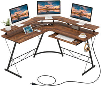 Scrivania Angolare, Scrivania ad Angolo con Presa Elettrica, Supporto per Monitor, Vassoio per Tastiera e Gancio per Cuffie, Scrivania Salvaspazio per Ufficio e Casa (Marrone)