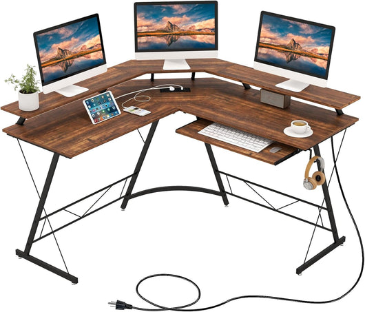 Scrivania Angolare, Scrivania ad Angolo con Presa Elettrica, Supporto per Monitor, Vassoio per Tastiera e Gancio per Cuffie, Scrivania Salvaspazio per Ufficio e Casa (Marrone)