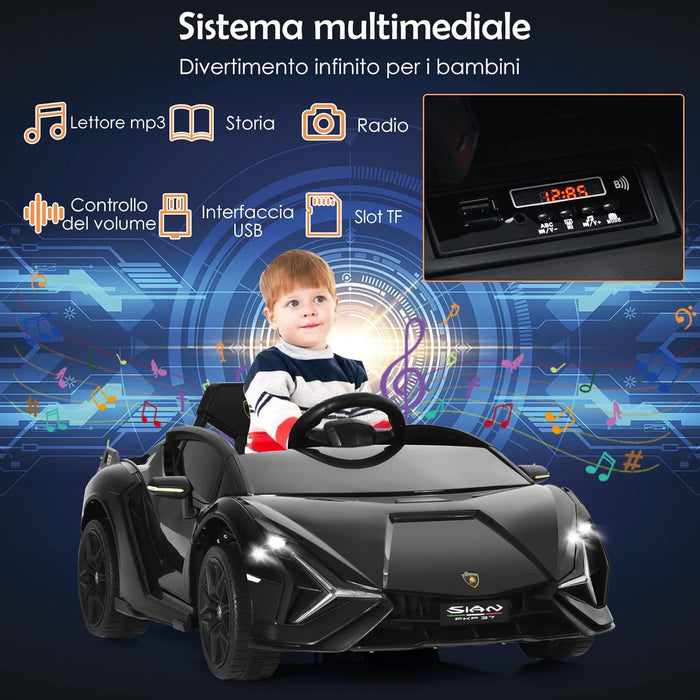 Macchina Elettrica Lamborghini per Bambini da 12V, Veicolo Elettrico Cavalcabile con Luci LED MP3 Telecomando, Fino a 5km/h, +3 Anni (Nero)