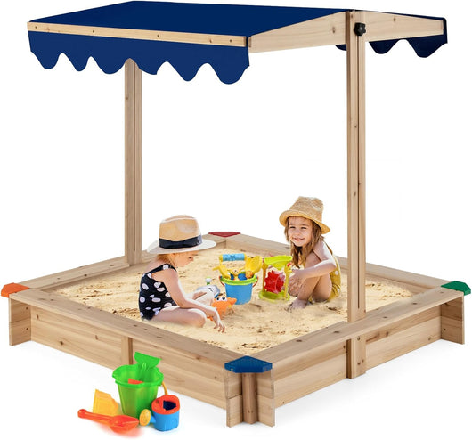 Sabbiera per Bambini in Legno, con Tendina Regolabile in Altezza, Senza Fondo, Area Gioco di Sabbia per Cortile Prato Giardino Spiaggia, 121x121x120 cm