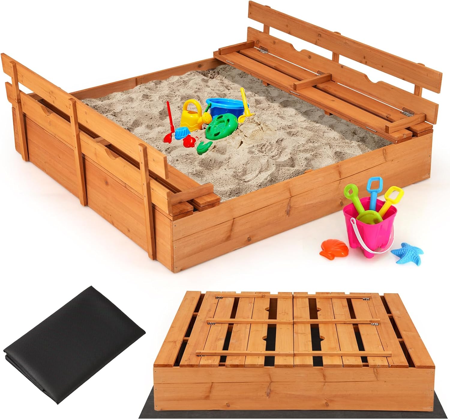 Sabbiera per Bambini in Legno, Sabbiera da Esterno con Coperchio, 2 Panchine con 4 Sedili Larghi e Schienali, Sabbonaia per Giardino, Patio e Cortile, 125 x 118 x 42,5 cm