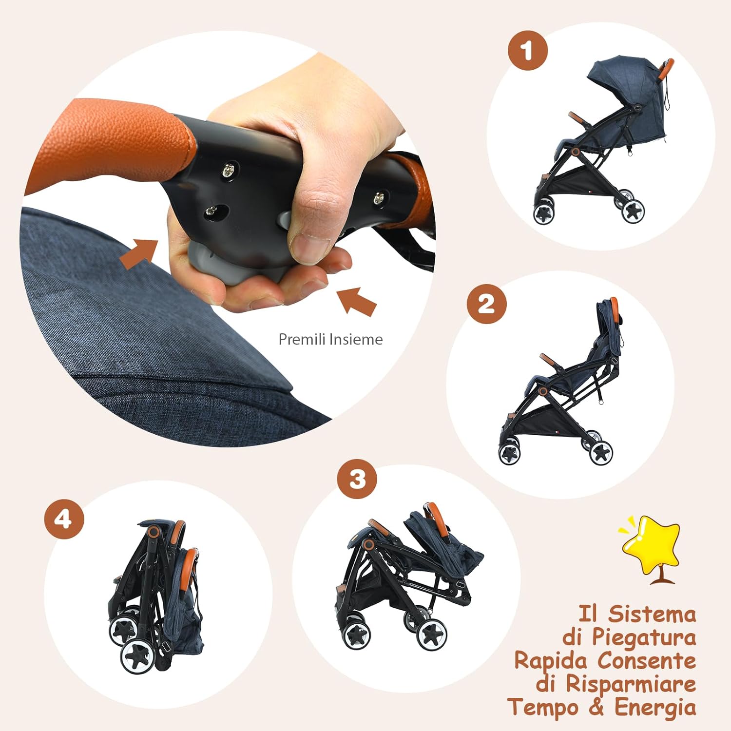 Passeggino Pighevole per Bmabini, Passeggino con Schienale e Poggiapiedi Regolabili, Passeggino Leggero Portata 15 kg, con Cappottina e Zanzariera, per Bambini 0-3 Anni (Blu)