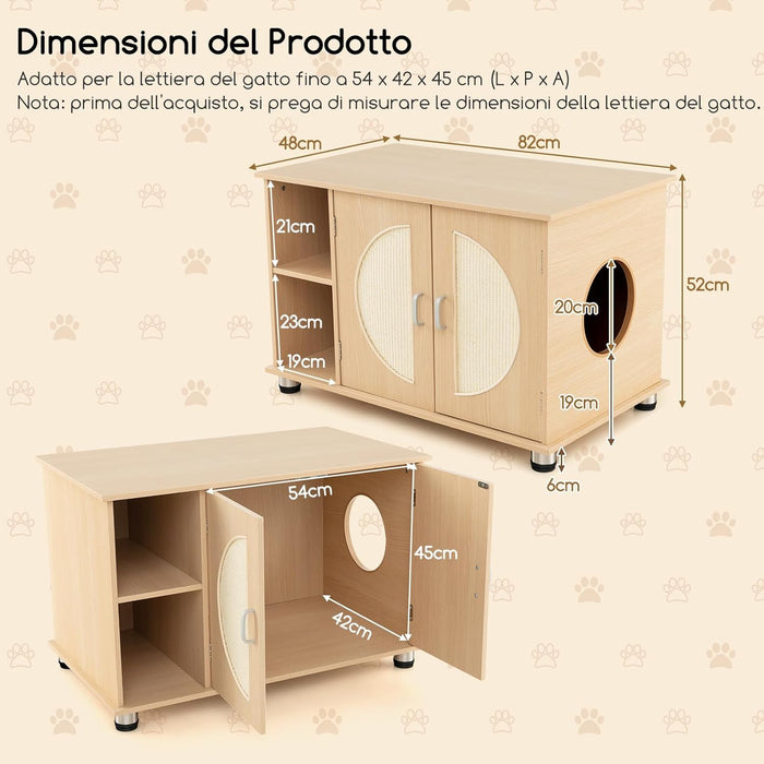 Mobile per Lettiera per Gattini e Gatti Adulti, Casetta per Gatti con Porte Sisal per Graffi, Piedini Metallici Regolabili e Spazio di Stoccaggio, Tavolino Moderno e Versatile per Soggiorno