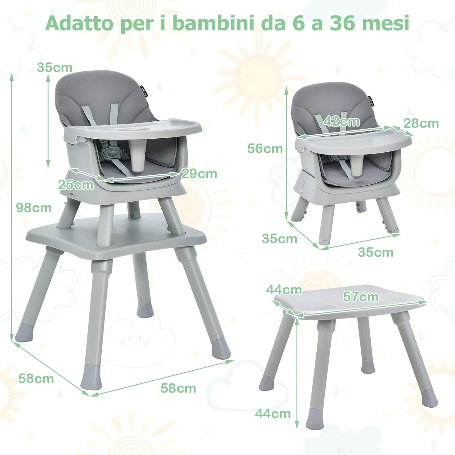 Seggiolone Pappa per Bambini 6 in 1, Seggiolone per Neonati Convertibile, Tavolo per Costruzioni per Bambini, con Imbracatura a 5 Punti, per Bambini da 6 Mesi fino 3 Anni (Grigio)