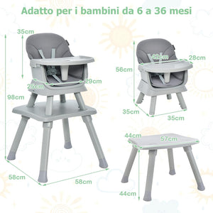 Seggiolone Pappa per Bambini 6 in 1, Seggiolone per Neonati Convertibile, Tavolo per Costruzioni per Bambini, con Imbracatura a 5 Punti, per Bambini da 6 Mesi fino 3 Anni (Grigio)