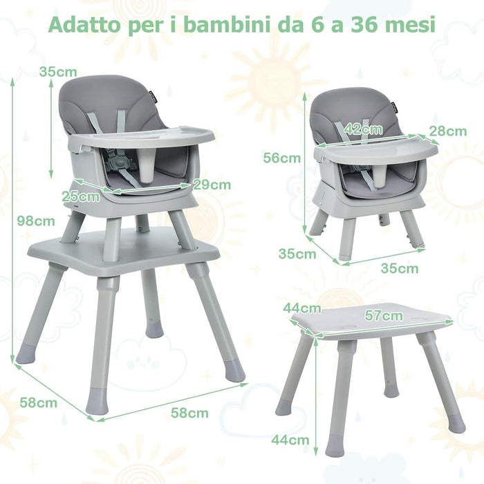 Seggiolone Pappa per Bambini 6 in 1, Seggiolone per Neonati Convertibile, Tavolo per Costruzioni per Bambini, con Imbracatura a 5 Punti, per Bambini da 6 Mesi fino 3 Anni (Grigio)