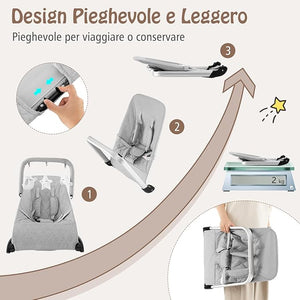 Sdraietta a Dondolo per Neonati, Sdraietta Pieghevole con Cintura di Sicurezza a 5 Punti, Sedia a Dondolo Portatile da Terra, con Base in Allumino, Grigio