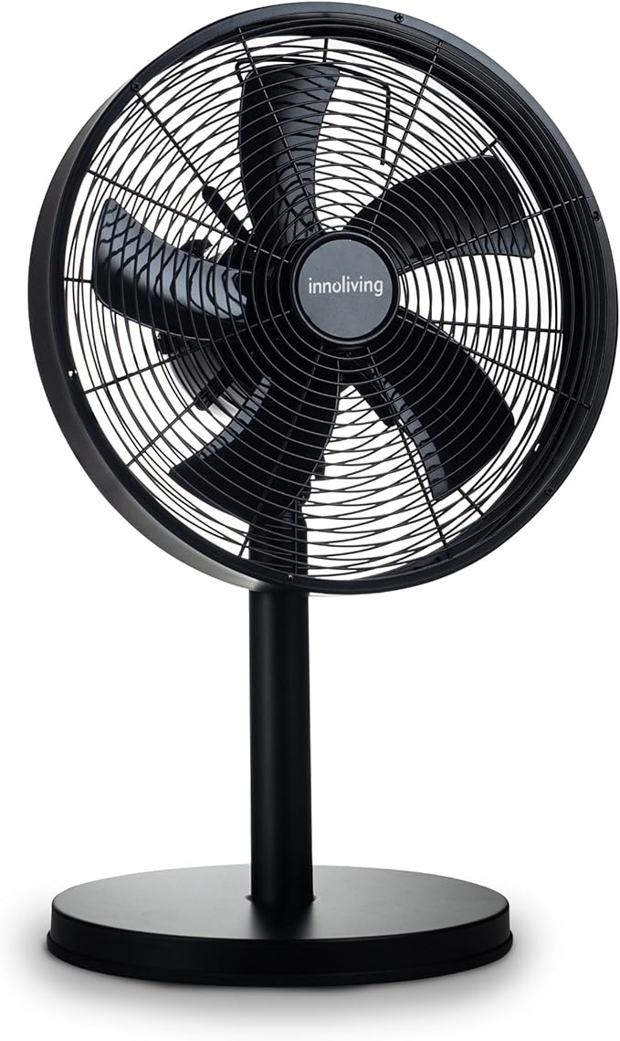 Innoliving Ventilatore Metallo da Tavolo INN-530B, Diametro 35 cm, 3 Velocità, Modalità Oscillazione, Struttura Robusta Metallo Nero, Inclinazione Regolabile 35W