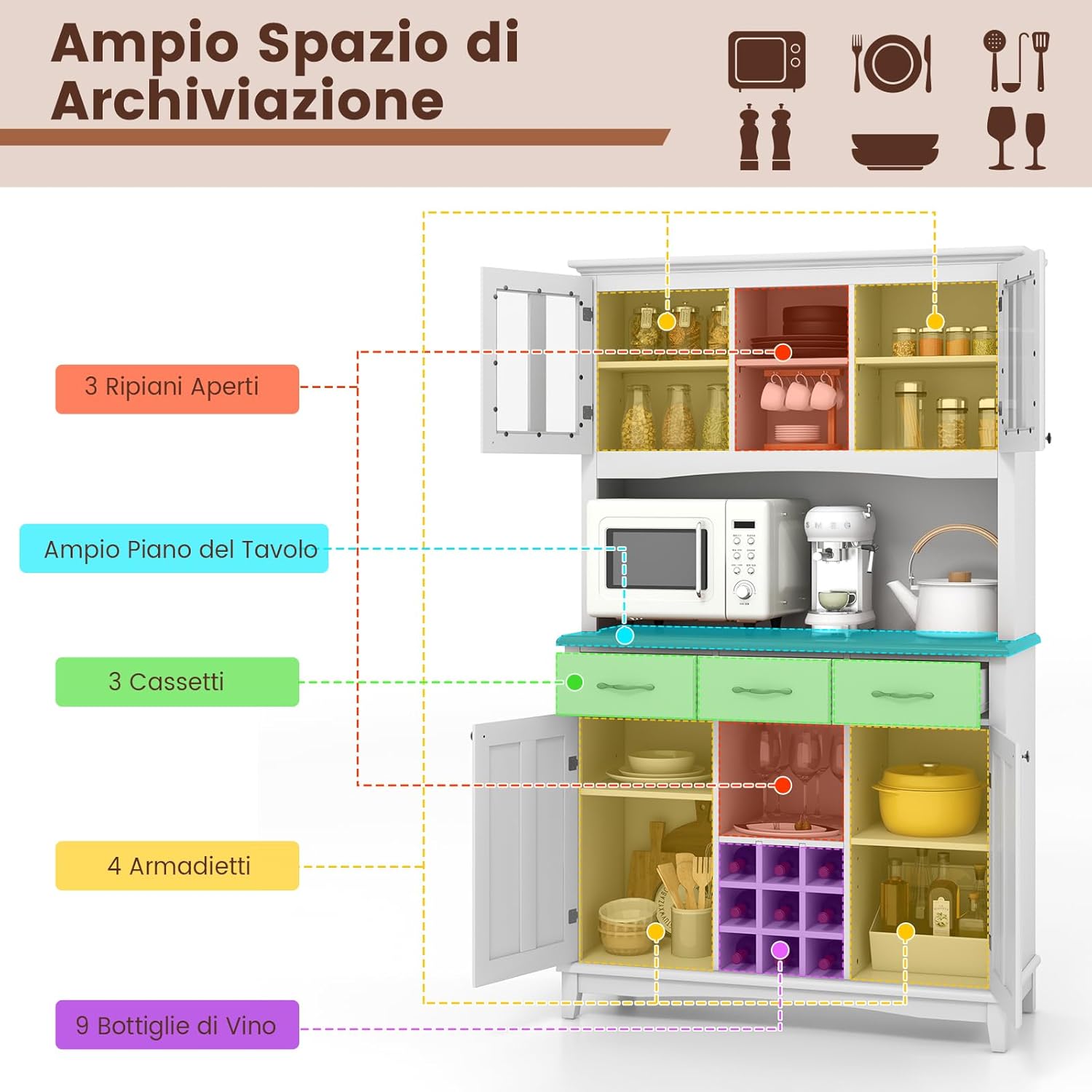 Credenza da Cucina, Armadietto Dispensa da Cucina Alto con Ante in Vetro Temperato, Portabottiglie, Ripiani Regolabili, Mobile Moderno per Cucina con 3 Cassetti e Ripiani Aperti (Bianco)