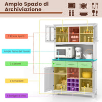 Credenza da Cucina, Armadietto Dispensa da Cucina Alto con Ante in Vetro Temperato, Portabottiglie, Ripiani Regolabili, Mobile Moderno per Cucina con 3 Cassetti e Ripiani Aperti (Bianco)