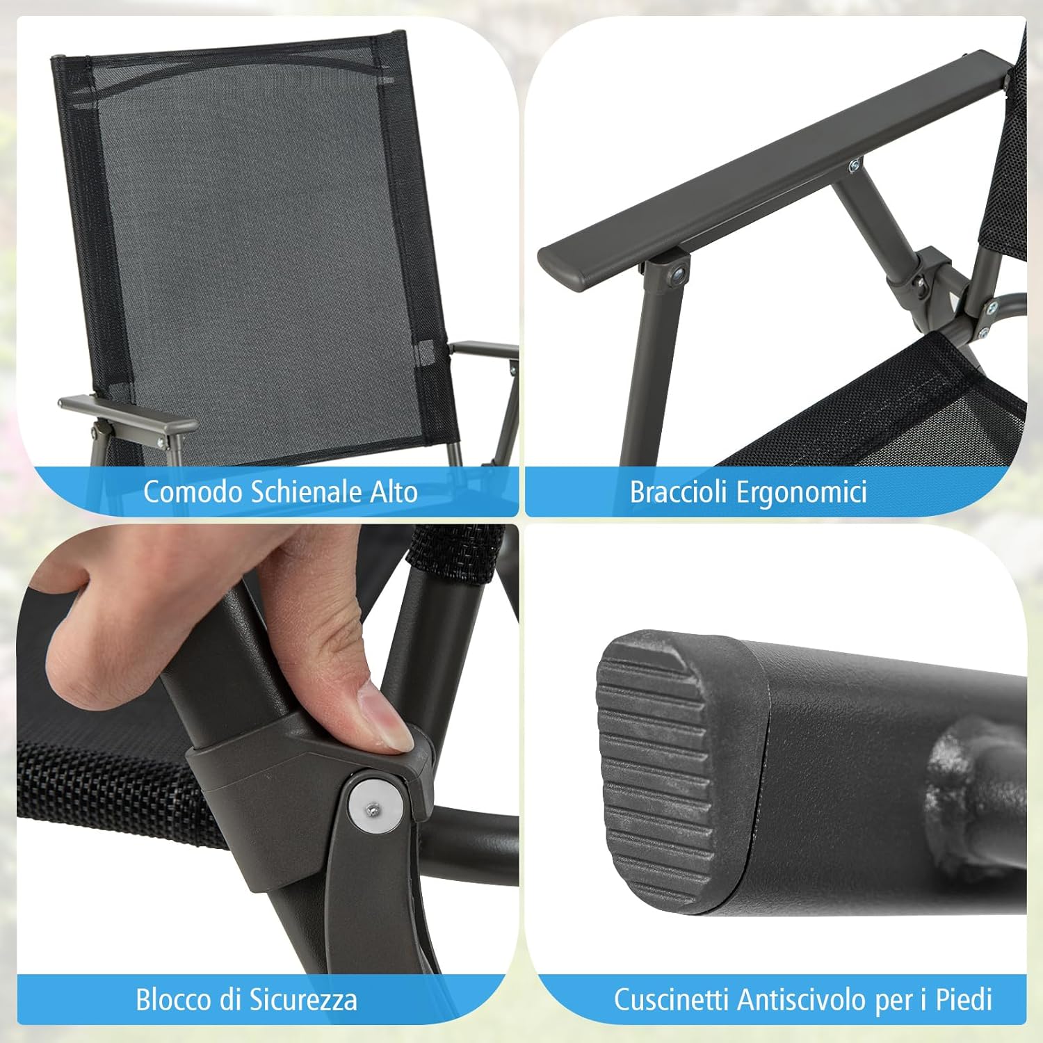 Set di 2/4 Sedie Pieghevoli da Giardino in Textilene, Sedie da Esterno con Schienale Alto, Poltrona Portatile per Giardino Campeggio Patio, Portata 150 kg (2, Nero, 62 x 58 x 96 cm)