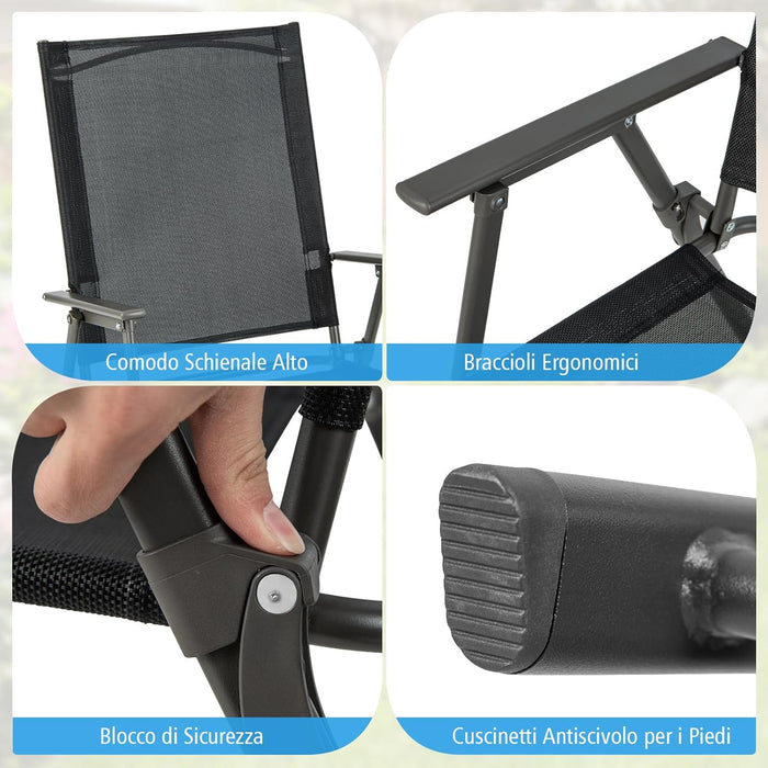 Set di 2/4 Sedie Pieghevoli da Giardino in Textilene, Sedie da Esterno con Schienale Alto, Poltrona Portatile per Giardino Campeggio Patio, Portata 150 kg (2, Nero, 62 x 58 x 96 cm)