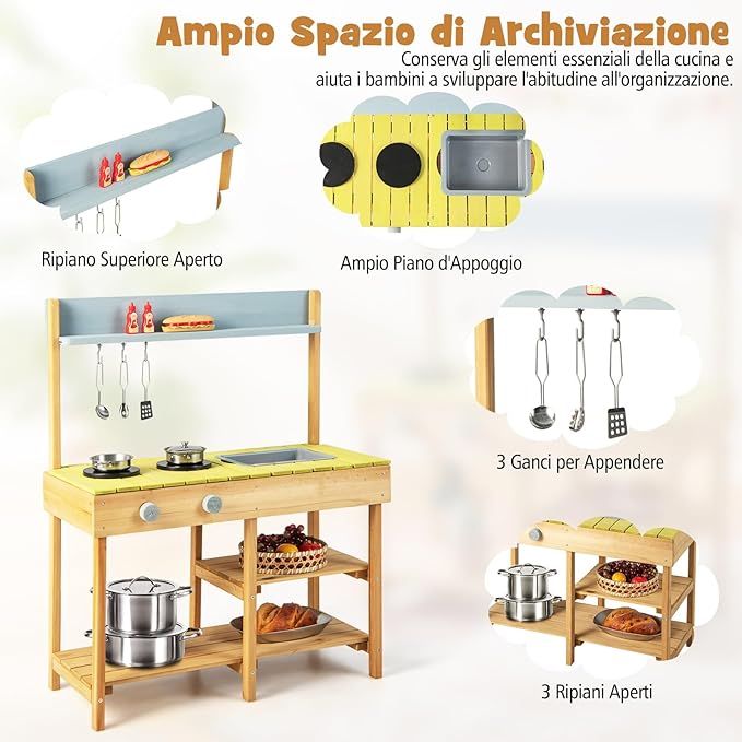 Cucina Giocattolo in Legno, Cucina per Bambini in Legno con Ganci Appendibili, 2 Fornelli, Lavello Rimovibile e Scaffali Aperti, Set da Giocattolo per Bambini 3+ Anni