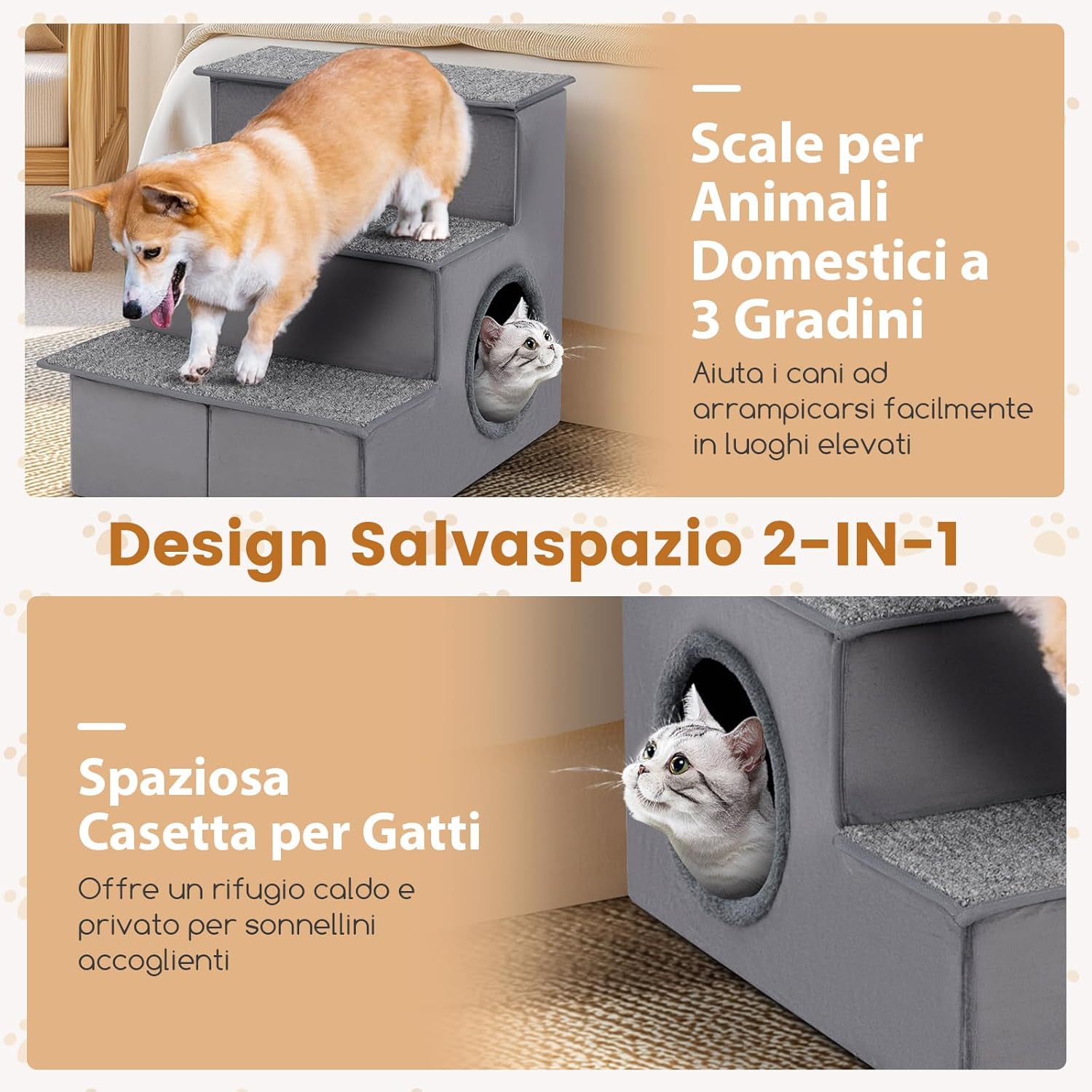 Scala per Cani con Cuccia, Rampe Pieghevole a 3 Gradini con Fondo Antiscivolo per Letti e Divani, Casa per Animali Domestici, Grigio, 42 x 21 x 44 cm