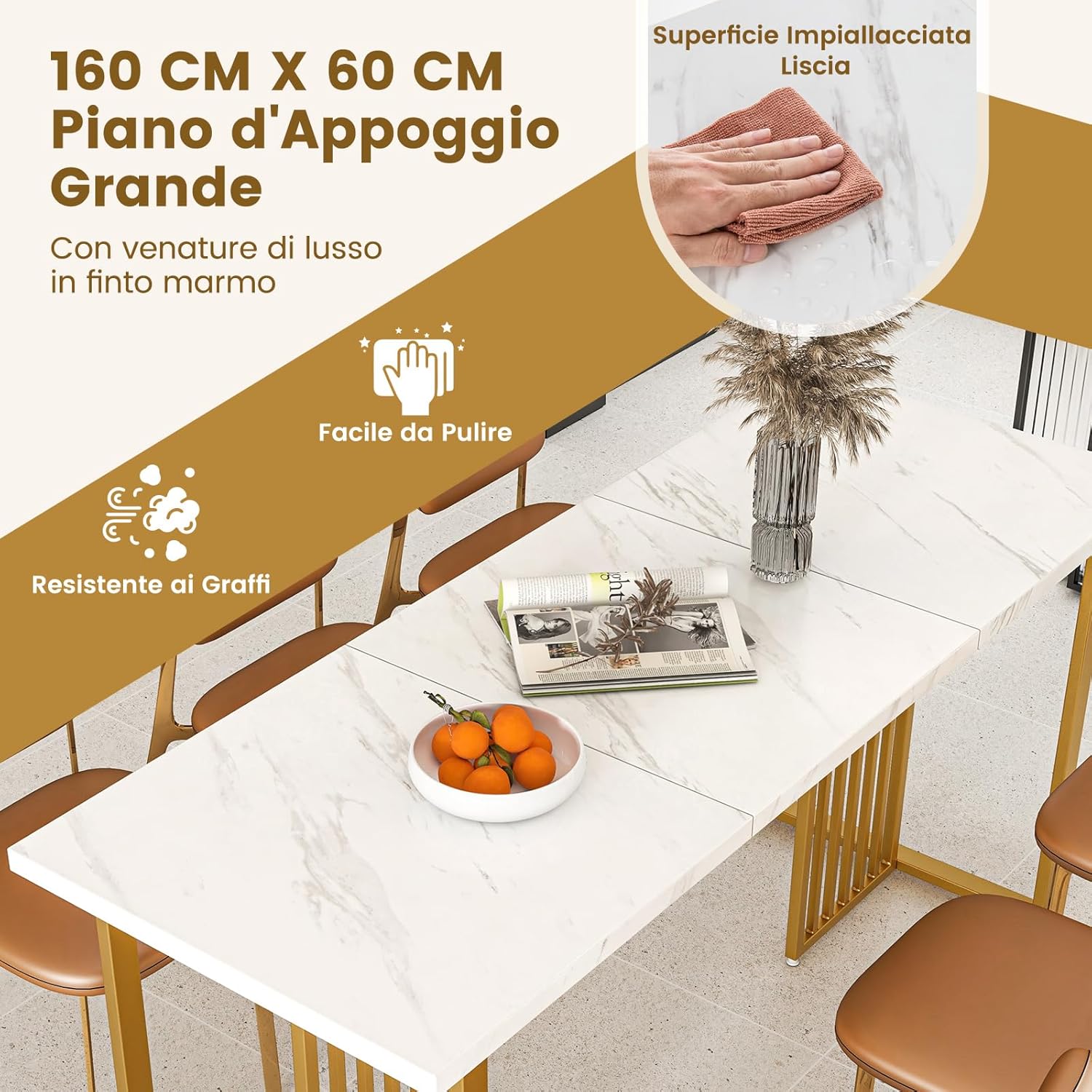Tavolo da Pranzo, Tavolo Moderno per 6-8 Persone con Piano in Finto Marmo e Gambe in Metallo, Tavolllo Rettangolare da per Sala da Pranzo, Soggiorno e Cucina, 160 x 60 x 76 cm, Bianco e Oro