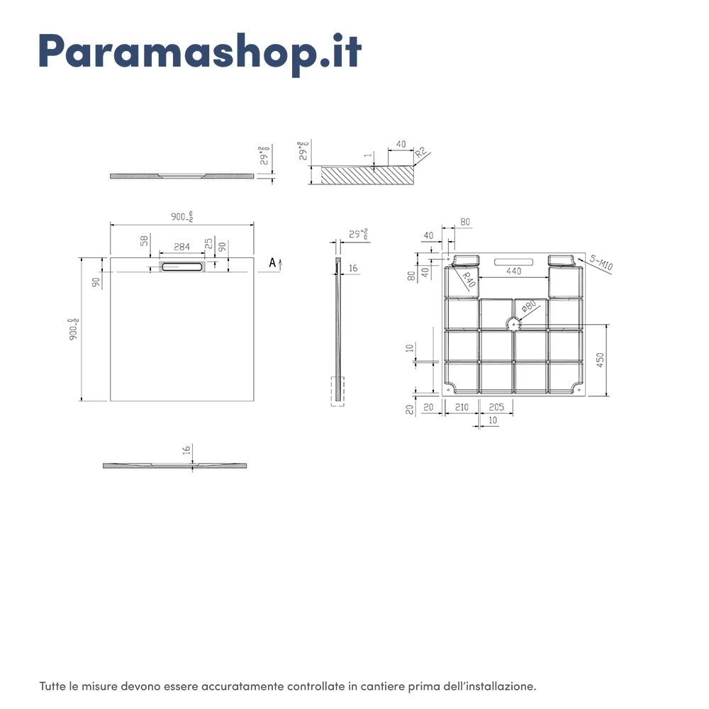 Piatto doccia 90x90 cm in marmoresina nero effetto pietra | Paros