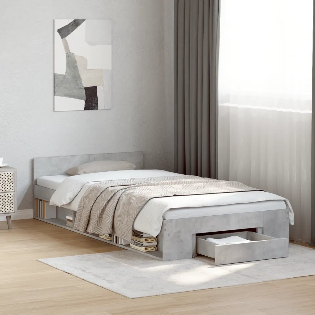 Letto singolo | Letto per adulti | Giroletto Cassetto Grigio Cemento 90x190 cm Legno Multistrato