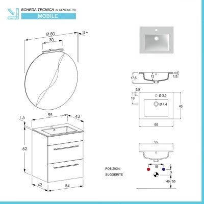 Mobile bagno sospeso 55 cm Smart grigio legno con lavabo e specchio