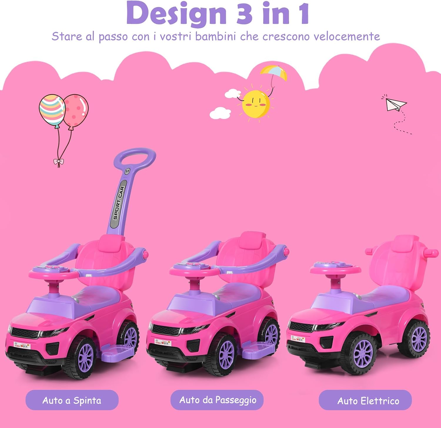 3 in 1 Macchina Cavalcabile a Spinta per Bambini, con Clacson Musica Luce Portaoggetti Sotto Sedile, Auto a Spinta per Bambini di 1-3 Anni