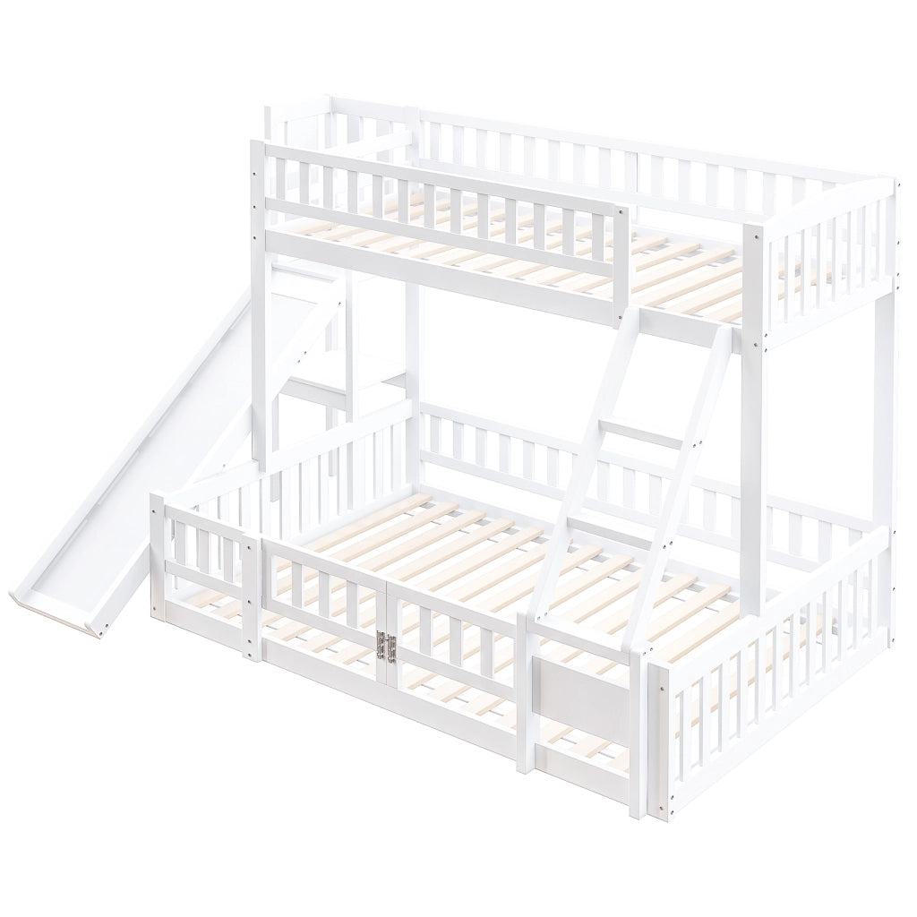 OKWISH Letto a Castello 140×200 cm, Letto Matrimoniale con Scivolo, Scala e Mensole, senza Materasso, in Pino e MDF, Bianco