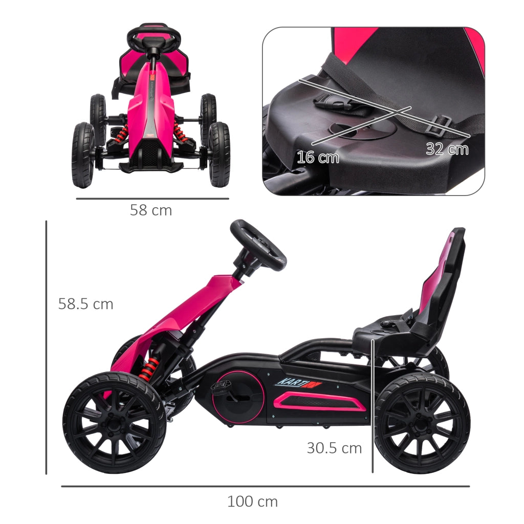 Go Kart a Pedali per Bambini 3-8 Anni 100x58x58,5 cm con Sedile Regolabile e Ruote in EVA Rosa e Nero