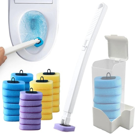 Set di Spazzole per il Bagno, con 30 Testine di Spugna Sostituibili e Otre, Facile da Eliminare, Pulizia Rapida e Igiene del Water, Doccia e Lavandino