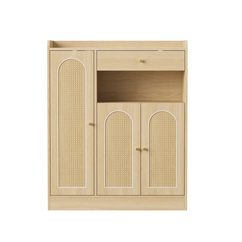 Scarpiera in rattan con 3 ante e ripiani regolabili, per ingresso e sala da pranzo, finitura naturale, 90 × 35 × 110 cm