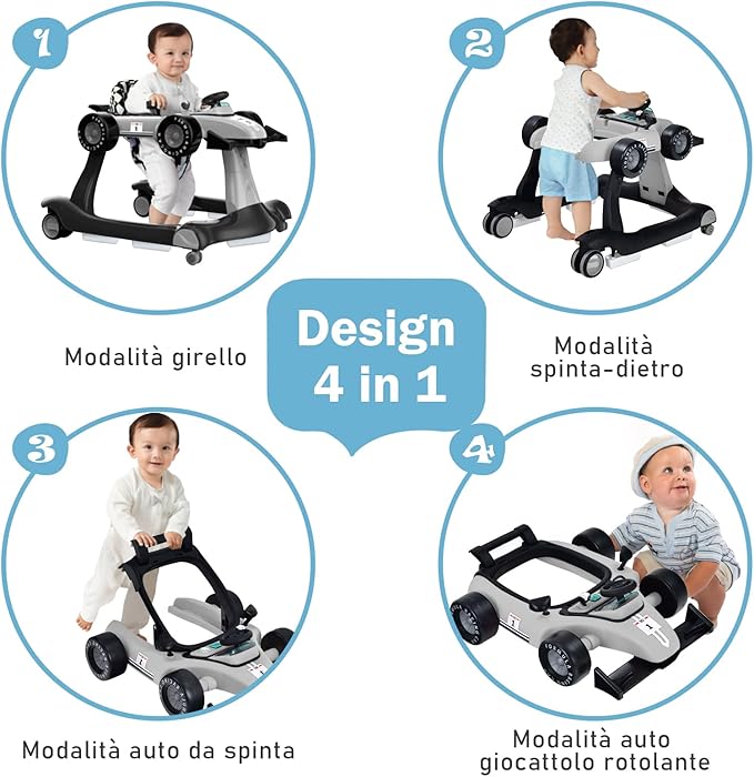 Girello per Bambini 4 in 1, Girello Pieghevole con Altezza e Velocità Regolabili, Carillon con Luci, Volante, Primi Passi per Bambini 6-18 Mesi, Portata 15 kg (Grigio)