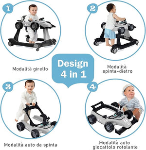 Girello per Bambini 4 in 1, Girello Pieghevole con Altezza e Velocità Regolabili, Carillon con Luci, Volante, Primi Passi per Bambini 6-18 Mesi, Portata 15 kg (Grigio)