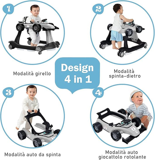 Girello per Bambini 4 in 1, Girello Pieghevole con Altezza e Velocità Regolabili, Carillon con Luci, Volante, Primi Passi per Bambini 6-18 Mesi, Portata 15 kg (Grigio)