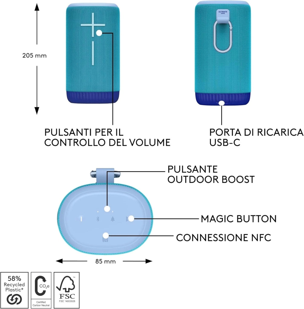 Ultimate Ears EVERBOOM Altoparlante Bluetooth wireless portatile, bassi ottimali, audio a 360 gradi, IP67 impermeabile e galleggiante, fino a 20 ore di durata della batteria- Blu