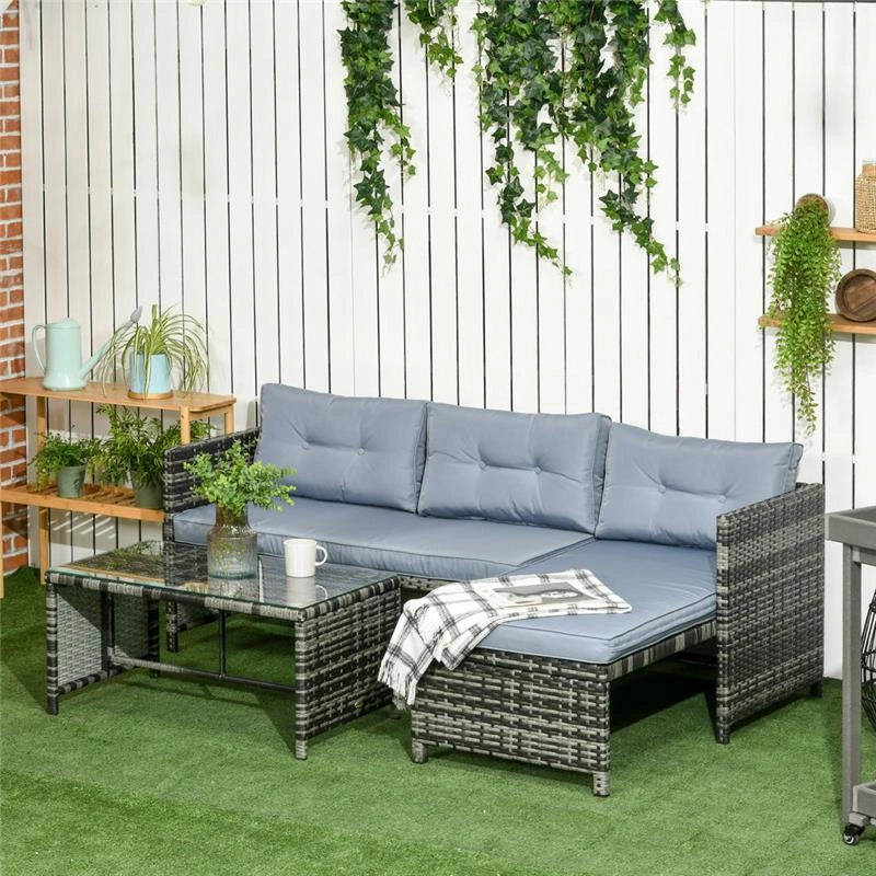 SALOTTO DA GIARDINO CON DIVANETTO CHAISE LONGUE E TAVOLINO IN RATTAN CON CUSCINI GRIGIO