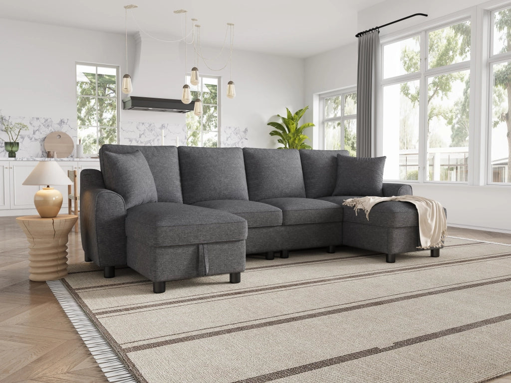 Divano modulare a U in chenille grigio con penisole, 3 colli, 280 ¡Á 137 ¡Á 84 cm