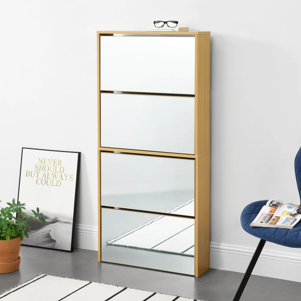 Scarpiera Vogar con 4 Contenitori Ribaltabili Mobile Portascarpe con Ante a Specchio 134x63x17 cm Effetto Faggio [en.casa]