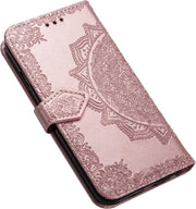 Portamonete in un unico pezzo con chiusura magnetica e stand per carte, con design a rilievo in pelle PU, rosso oro.