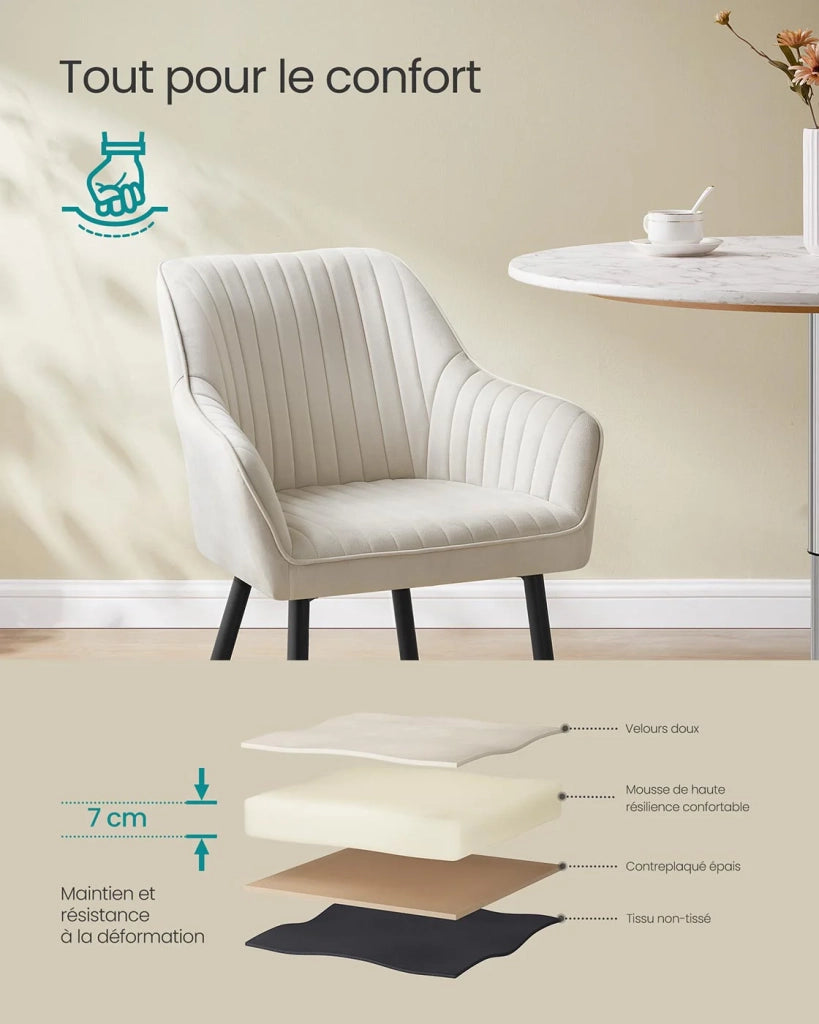 Sedia da pranzo poltrona seduta imbottita con braccioli larghezza seduta 49 cm gambe in metallo rivestimento in velluto portata 110 kg per soggiorno o camera da letto beige 12_0004918