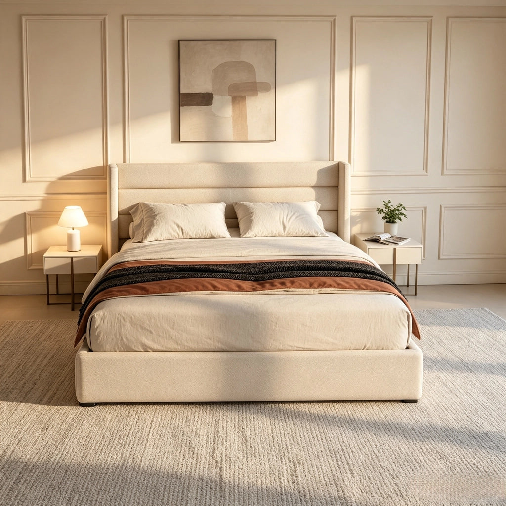 Letto matrimoniale 160x200 cm con contenitore e rete a doghe idraulica letto contenitore matrimoniale con testiera imbottita  struttura letto in legno - beige