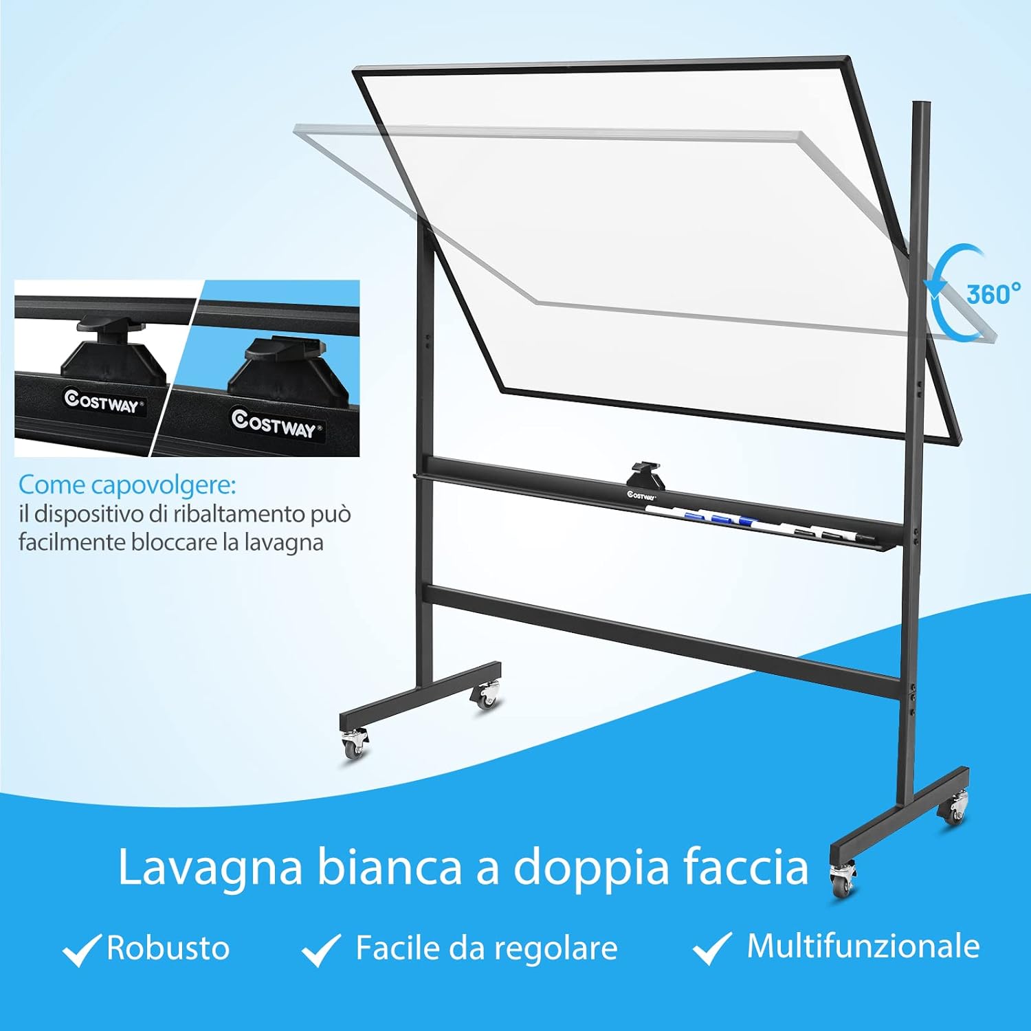 Lavagna Bianca Magnetica Mobile, Lavagna Cancellabile con Altezza Regolabile Girevole a 360°, con 4 Ruote Bloccabili, Doppia Faccia, 90 x 120 cm