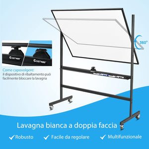 Lavagna Bianca Magnetica Mobile, Lavagna Cancellabile con Altezza Regolabile Girevole a 360°, con 4 Ruote Bloccabili, Doppia Faccia, 90 x 120 cm