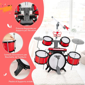 Set di Batteria per Bambini, Batteria Jazz con Tastiera Microfono e Leggio, Strumento Elettrico con Sgabello, Regalo per Bambini 3+ Anni, Rosso
