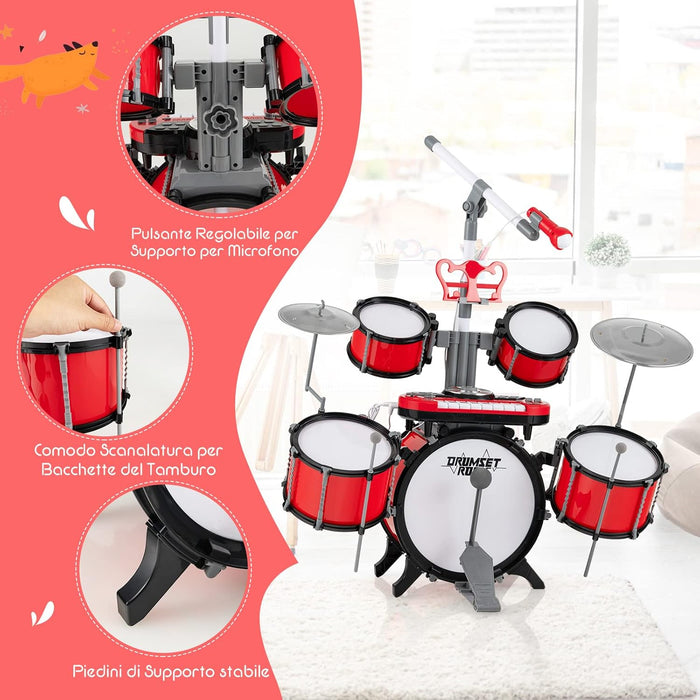 Set di Batteria per Bambini, Batteria Jazz con Tastiera Microfono e Leggio, Strumento Elettrico con Sgabello, Regalo per Bambini 3+ Anni, Rosso