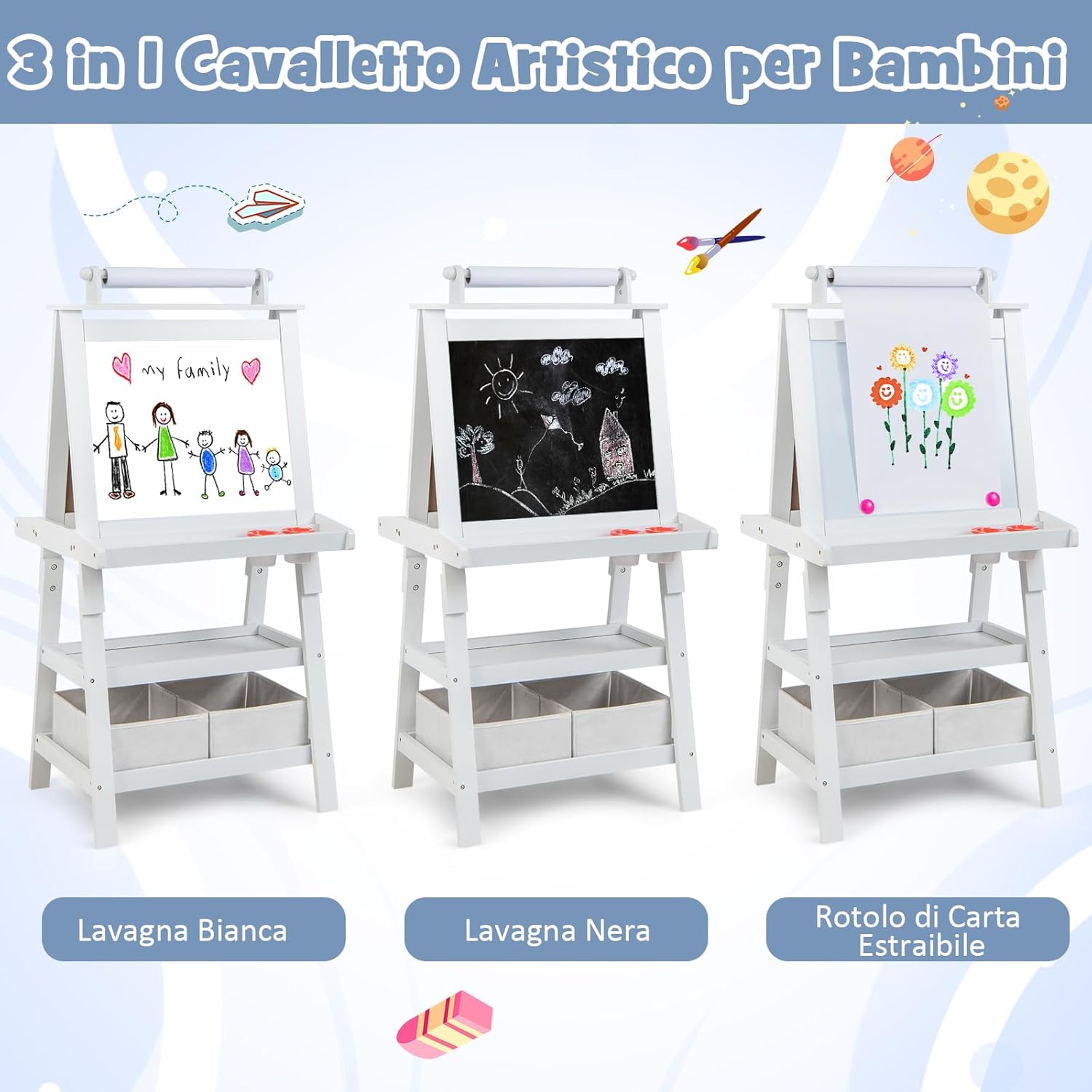 3 in 1 Cavalletto per Bambini con Doppia Faccia, Cavalletto per Disegno con 2 Vassoi e 2 Scatole, Lavagna Bambini in Legno (Bianco)