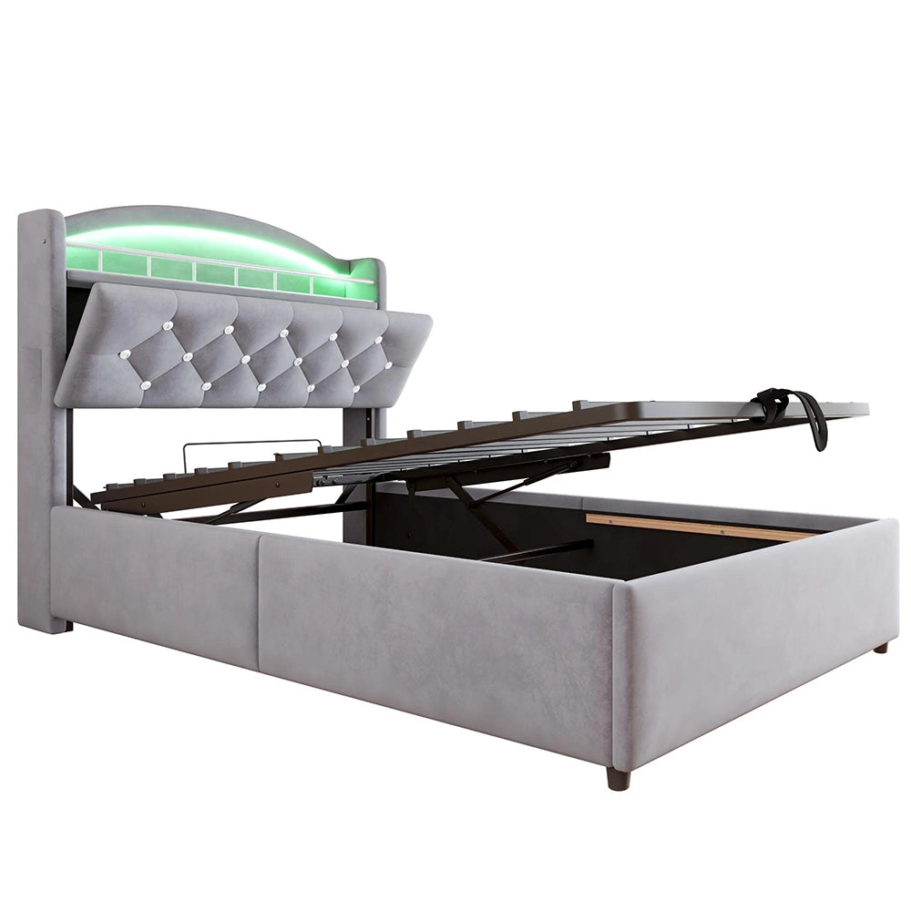 Letto bambino-Xylo-90x200 cm-LED, USB, spazio idraulico, velluto grigio